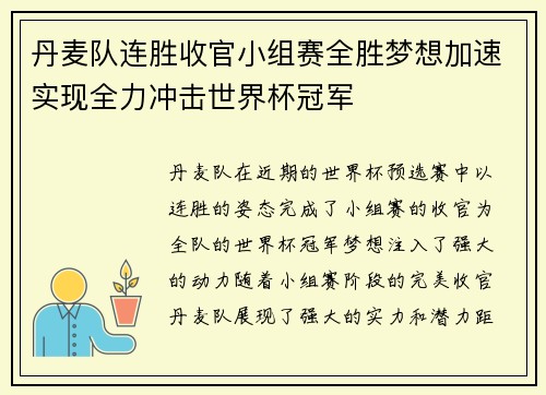 丹麦队连胜收官小组赛全胜梦想加速实现全力冲击世界杯冠军